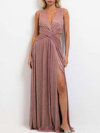 Vacation Dresses Sleeveless Deep V Cross Waist Cutout High Slit Shiny Pleated Maxi Gown