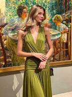 Vacation Dresses Pleated Sleeveless Deep V Wrap Ruched Pleated Flowy Maxi Dress