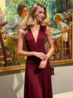 Vacation Dresses Pleated Sleeveless Deep V Wrap Ruched Pleated Flowy Maxi Dress