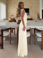 Vacation Dresses Pleated Sleeveless Deep V Wrap Ruched Pleated Flowy Maxi Dress