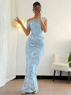 Date Night Dresses Maxi Elegant Black One Shoulder 3D Floral Mesh Mermaid Bodycon Formal Gown