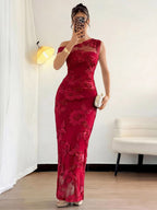 Date Night Dresses Maxi Elegant Black One Shoulder 3D Floral Mesh Mermaid Bodycon Formal Gown