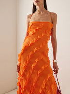 Date Night Dresses Maxi Sexy Orange Spaghetti Strap Cross Back Ruffle Tiered High Slit Bodycon Dress