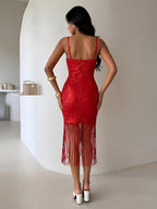 Party Dress Midi Burgundy V-Neck Fringe Sleeveless Backless Sexy Semi Formal Dress