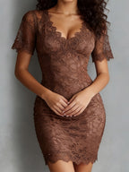 Date Night Dresses Mini Lace Short Sleeves V-Neck Sexy Light Brown Dress