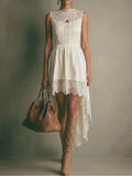 Date Night Dresses Midi High Low Bohemian Lace Sleeveless Jewel Neck Irregular Flowy White Dresses