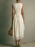 Date Night Dresses Midi High Low Bohemian Lace Sleeveless Jewel Neck Irregular Flowy White Dresses