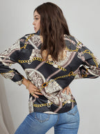 Chain Print Satin Long Sleeve Button Down Shirt Front Tie Cropped Blouse