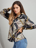 Chain Print Satin Long Sleeve Button Down Shirt Front Tie Cropped Blouse