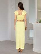 Square Neck Cap Sleeve Ruched Crop Top Mermaid Maxi Skirt 2 Piece Outfit Set