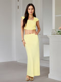 Square Neck Cap Sleeve Ruched Crop Top Mermaid Maxi Skirt 2 Piece Outfit Set