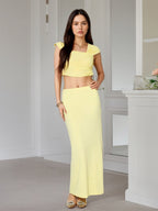 Square Neck Cap Sleeve Ruched Crop Top Mermaid Maxi Skirt 2 Piece Outfit Set
