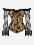 Off Shoulder Floral Lace Long Sleeve Overbust Corset Plus Size Front Hook Back Lace Up Waist Trainer