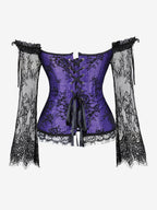 Off Shoulder Floral Lace Long Sleeve Overbust Corset Plus Size Front Hook Back Lace Up Waist Trainer