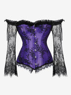 Off Shoulder Floral Lace Long Sleeve Overbust Corset Plus Size Front Hook Back Lace Up Waist Trainer