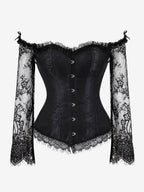 Off Shoulder Floral Lace Long Sleeve Overbust Corset Front Hook Back Lace Up