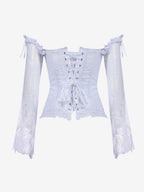 Off Shoulder Floral Lace Long Sleeve Overbust Corset Front Hook Back Lace Up