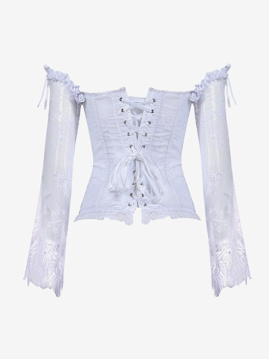 Off Shoulder Floral Lace Long Sleeve Overbust Corset Front Hook Back Lace Up