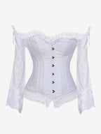 Off Shoulder Floral Lace Long Sleeve Overbust Corset Front Hook Back Lace Up