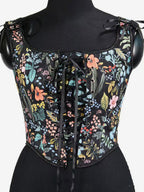 Square Neck Floral Print Tie Strap Corset Crop Camisole Front Lace Up