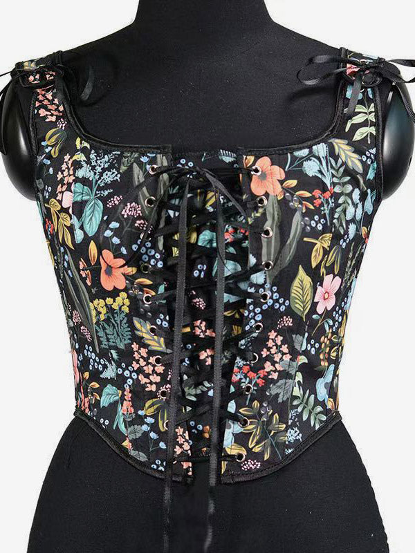 Square Neck Floral Print Tie Strap Corset Crop Camisole Front Lace Up