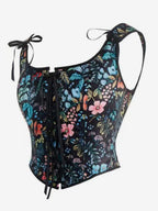 Square Neck Floral Print Tie Strap Corset Crop Camisole Front Lace Up