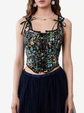 Square Neck Floral Print Tie Strap Corset Crop Camisole Front Lace Up