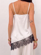 V Neck Satin Lace Asymmetrical Hem Thin Strap Cami Top
