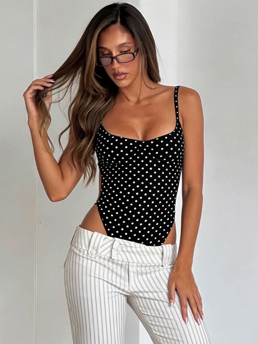 Polka Dot Thin Strap Side Cutout Back Tie Bodysuit