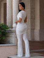 One Shoulder Ruched Draped Top Flare Pants 2 Piece Outfit Set