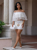 Off Shoulder Ruffle Lace Crop Top Ring Ruched Mini Skirt 2 Piece Set