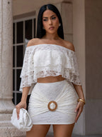 Off Shoulder Ruffle Lace Crop Top Ring Ruched Mini Skirt 2 Piece Set
