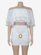 Off Shoulder Ruffle Lace Crop Top Ring Ruched Mini Skirt 2 Piece Set