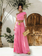 One Shoulder Crop Top Metal Buckle Ruched Maxi Skirt 2 Piece Set