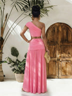 One Shoulder Crop Top Metal Buckle Ruched Maxi Skirt 2 Piece Set