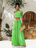 One Shoulder Crop Top Metal Buckle Ruched Maxi Skirt 2 Piece Set