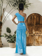 One Shoulder Crop Top Metal Buckle Ruched Maxi Skirt 2 Piece Set