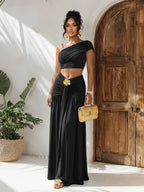 One Shoulder Crop Top Metal Buckle Ruched Maxi Skirt 2 Piece Set