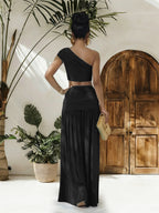 One Shoulder Crop Top Metal Buckle Ruched Maxi Skirt 2 Piece Set