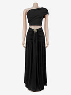 One Shoulder Crop Top Metal Buckle Ruched Maxi Skirt 2 Piece Set