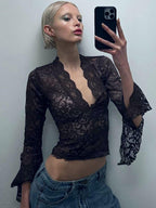 See Through Floral Lace Bell Sleeve Slim Cropped Blouse