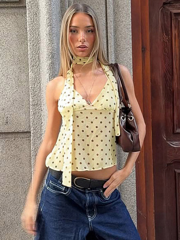 Choker Ribbon Sleeveless Dot Slim Cropped Blouse