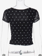 Square Neck Cap Sleeve Polka Dot Ruched Crop Top