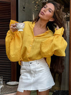 Textured Bubble Sleeve Stand Collar Oversized Button Down Shirt