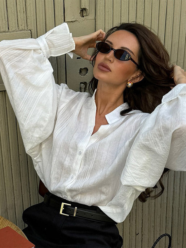 Textured Bubble Sleeve Stand Collar Oversized Button Down Shirt