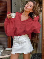Textured Bubble Sleeve Stand Collar Oversized Button Down Shirt