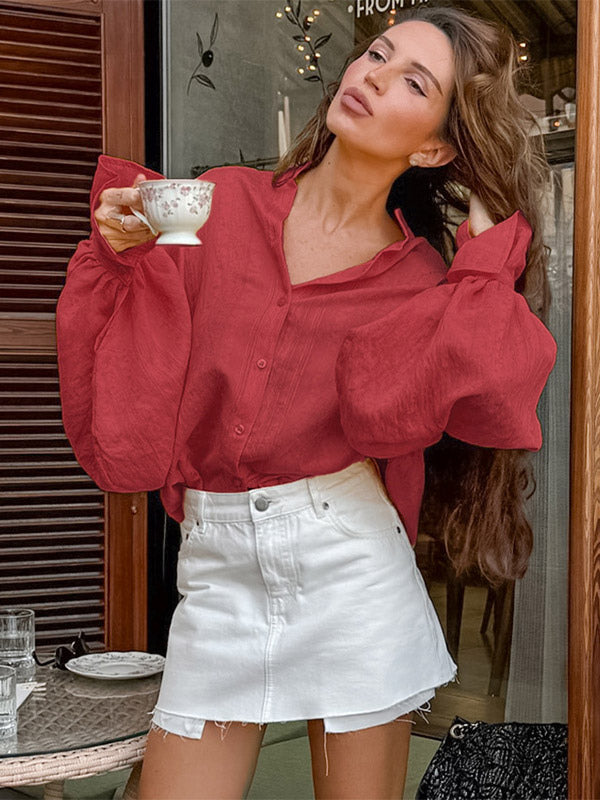 Textured Bubble Sleeve Stand Collar Oversized Button Down Shirt
