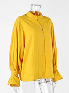 Textured Bubble Sleeve Stand Collar Oversized Button Down Shirt