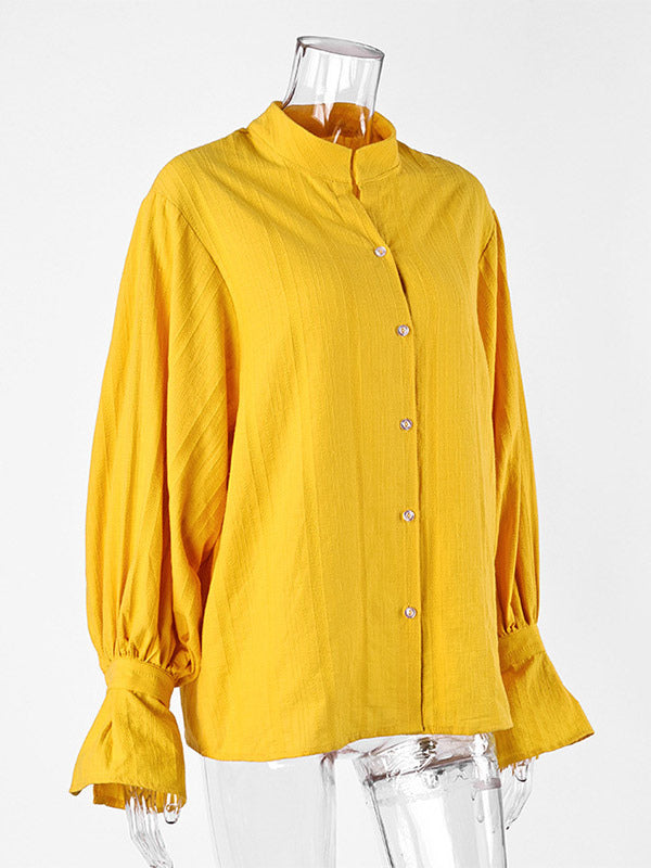 Textured Bubble Sleeve Stand Collar Oversized Button Down Shirt