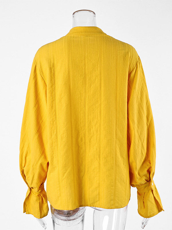 Textured Bubble Sleeve Stand Collar Oversized Button Down Shirt